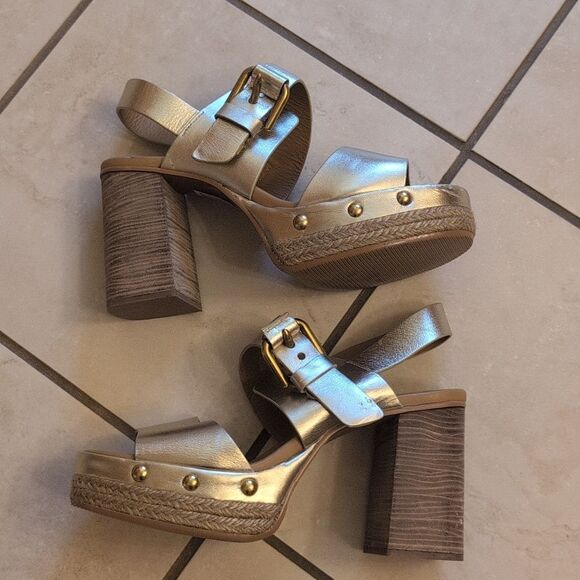 NEW See By Chloe Lamb Joline Heel Sandals Block Platform Gold FLAWED Size 9 - Picture 4 of 11